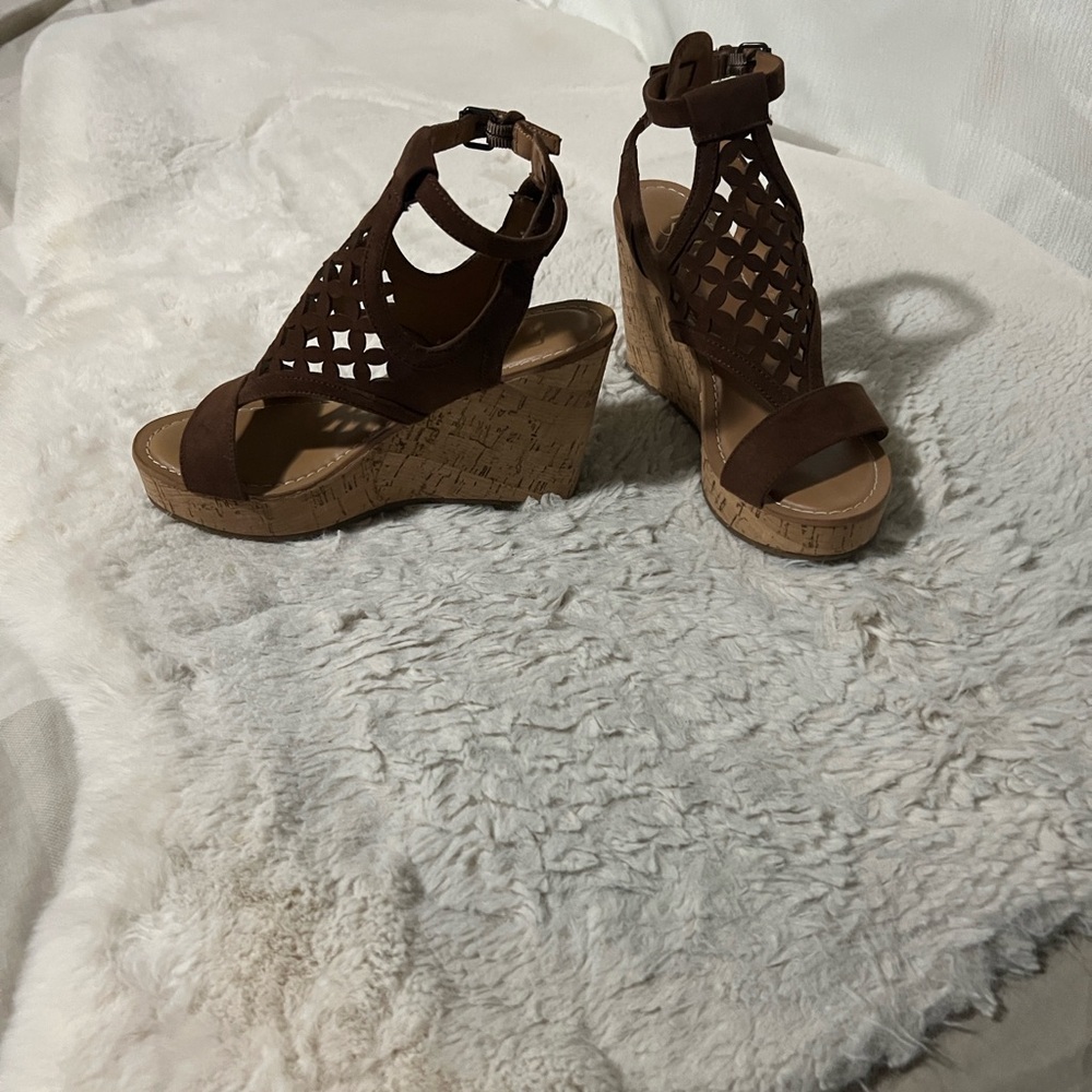 Franco Sarto Tan Cutout Wedge Sandals